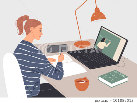Woman watching video lecture on laptop screen 101885012