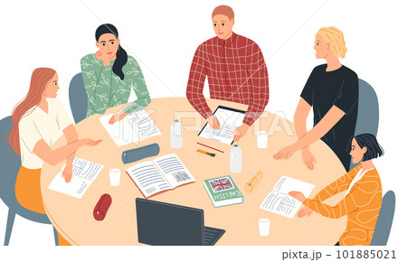 Group of students at the table studying. Learning English. 101885021