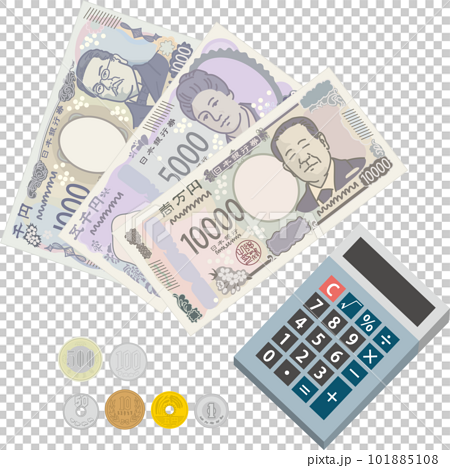 日本のお金_2024年発行新紙幣と硬貨と計算機 101885108