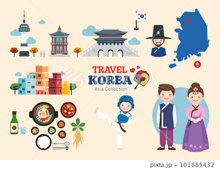 South Korea Flat icons set. Korean traditional travel map and landmarks symbols and objects South Korea Flat icons set. Korean traditional travel map and landmarks symbols and objects 101885432