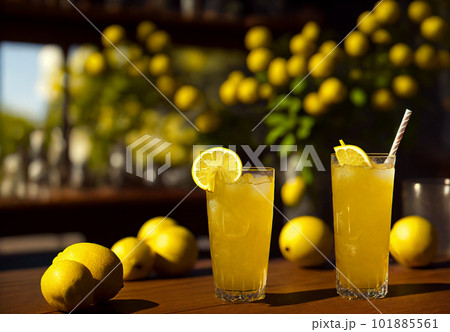 Lemonade with lemon and mint in a glass on a table in a restaurant 101885561