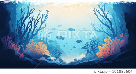 日の光が差し込む青い珊瑚の海の水彩イラスト　AI画像 101885604