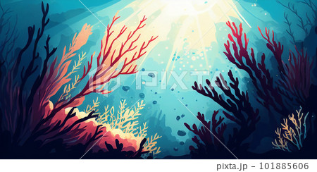 日の光が差し込む青い珊瑚の海の水彩イラスト　AI画像 101885606