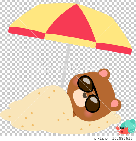 Bear character taking a sand bath on the beach 101885619