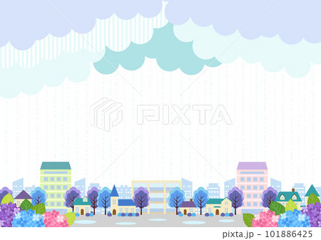 梅雨の都市近郊街並み背景ヨコ 101886425