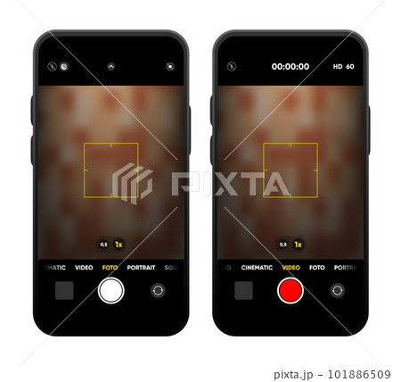 Camera interface on smartphone screen. Photo, video ui in mobile phone. Application for recording. Photo and video shooting. Viewfinder, focus and button record. Vector illustration. Camera interface on smartphone screen. Photo, video ui in mobile phone. Application for recording. Photo and video shooting. Viewfinder, focus and button record. Vector illustration. 101886509