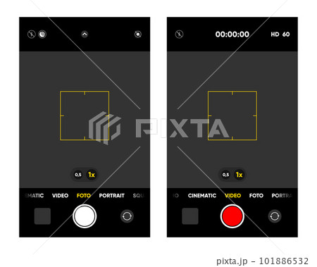 Camera interface on smartphone screen. Photo, video ui in mobile phone. Application for recording. Photo and video shooting. Viewfinder, focus and button record. Vector illustration. 101886532
