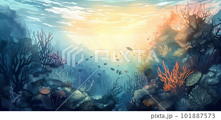 日の光が差し込むカラフルなサンゴ礁の水彩イラスト AI画像の 日の光が差し込むカラフルなサンゴ礁の水彩イラスト AI画像の