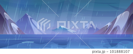 Cartoon rainy caribbean sea with mountain view Cartoon rainy caribbean sea with mountain view 101888107