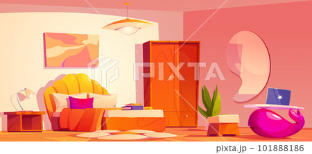 Groovy bedroom interior with daisy flower carpet 101888186