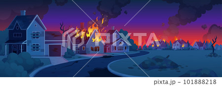 Apocalypse city road with fire building cartoon Apocalypse city road with fire building cartoon 101888218
