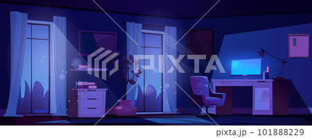 Night work office room with magic light background Night work office room with magic light background 101888229