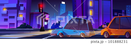 Night city road red traffic light and stop car Night city road red traffic light and stop car 101888231