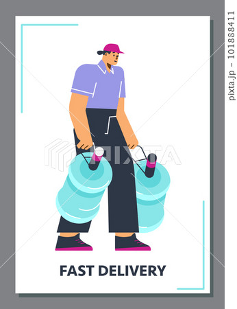 Water delivery man carrying two gallons of clean water, poster template - flat vector illustration. 101888411