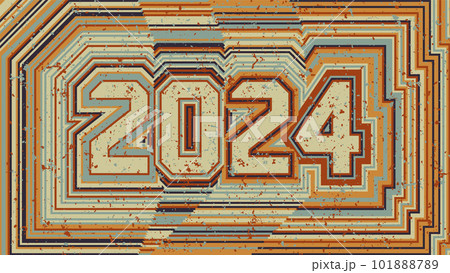 2024 New Year card. Retro 70s striped style. Old faded striped signboard 2024 New Year card. Retro 70s striped style. Old faded striped signboard 101888789