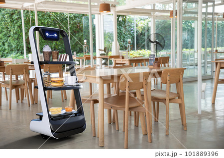 Autonomous waiter robot working in restaurant, Artificial intelligence 5G technology concept 101889396