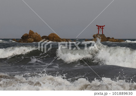 荒れた海に立つ赤い鳥居 101889630