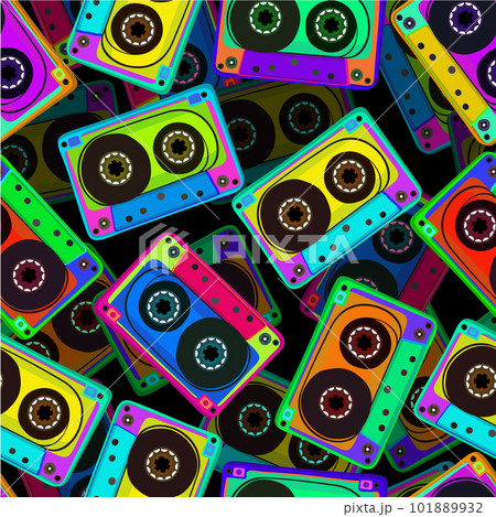 Vector seamless pattern with audiocassettes on black background. Retro concept. Bright music devices. 101889932