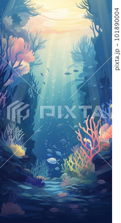 日の光が差し込むカラフルなサンゴ礁の水彩イラスト　AI画像 101890004