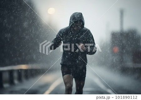 athlete runner in grey sports jacket forest trail in the rain athlete runner in grey sports jacket forest trail in the rain 101890112