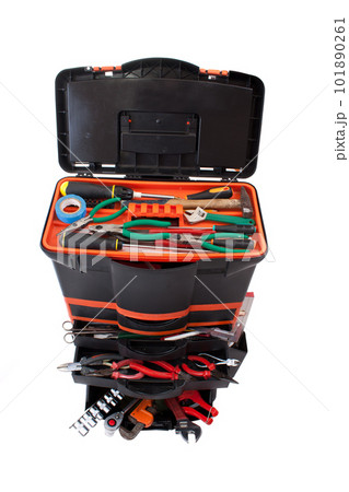 Open tool box with tools 101890261