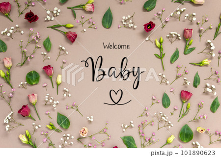 Colorful Spring Flower Arrangement With Roses, English Text Welcome Baby 101890623