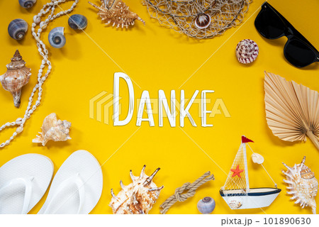 Yellow Summer Flat Lay With Accessories, Text Danke Means Thank You 101890630
