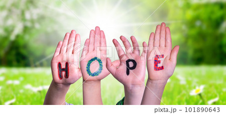 Children Hands Building Word Hope, Grass Meadow 101890643
