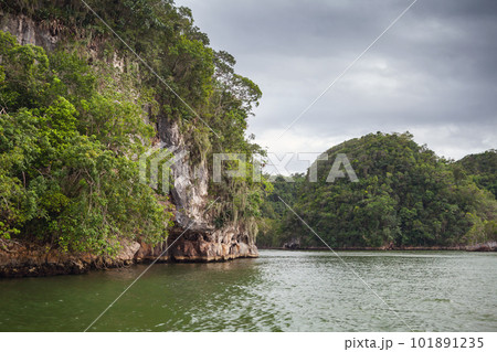 Natural landscape with rocky islands of Samana bay under cloudy sky 101891235