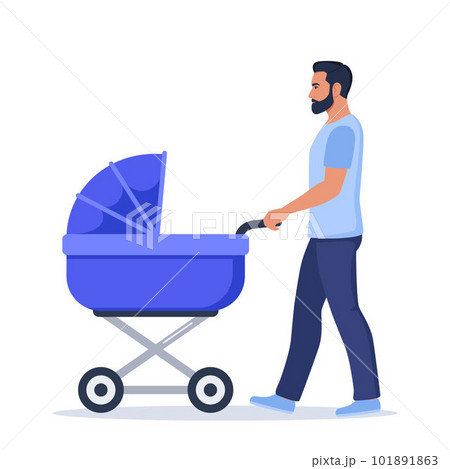 Young daddy walks with a baby in a stroller. Man with newborn son or daughter on walk in baby carriage. Vector illustration. Young daddy walks with a baby in a stroller. Man with newborn son or daughter on walk in baby carriage. Vector illustration. 101891863