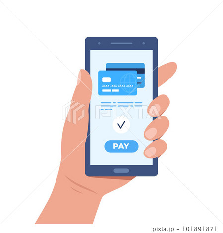 Money transaction online concept. Mobile payments using smartphone. Hand holding a mobile phone and credit card transfer on screen. Trendy flat style. Vector illustration. Money transaction online concept. Mobile payments using smartphone. Hand holding a mobile phone and credit card transfer on screen. Trendy flat style. Vector illustration. 101891871