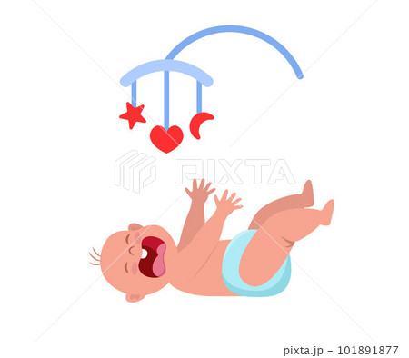Little baby crying hesterically. Crying baby lies and pulls up the handles. Little kid being unhappy. Baby bed carousel toy above him. Vector Illustration. Little baby crying hesterically. Crying baby lies and pulls up the handles. Little kid being unhappy. Baby bed carousel toy above him. Vector Illustration. 101891877