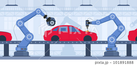 Process of automated car production. Wehicle parts on the machinery line with robotic hands. Assembly line at an automobile factory. Vector illustration. 101891888