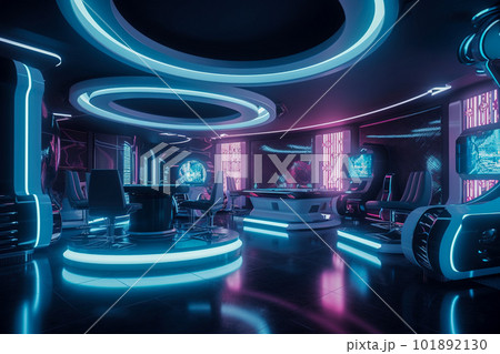 Spaceship interior with blue neon lights. Generative AI 101892130