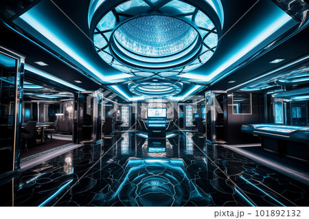 Spaceship interior with blue neon lights. Generative AI 101892132