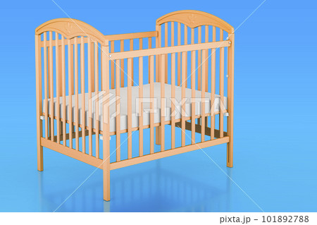 Baby crib, infant bed on blue background, 3D rendering Baby crib, infant bed on blue background, 3D rendering 101892788