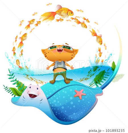 Fun red cat in striped vest swim in sea. Tropical sea summer paradise stingray and goldfish Fun red cat in striped vest swim in sea. Tropical sea summer paradise stingray and goldfish 101893235