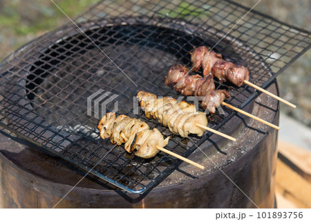 【中津川河川敷で熾火を使って焼き鳥を焼く】 【中津川河川敷で熾火を使って焼き鳥を焼く】 101893756