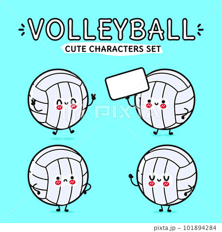 Funny cute happy volleyball characters bundle set. Vector hand drawn doodle style cartoon character illustration icon design. Isolated on blue background. Volleyball ball mascot character collection 101894284