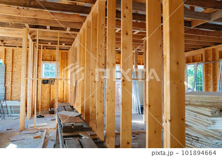 The internal structure of the block wooden house consists of wooden bars The internal structure of the block wooden house consists of wooden bars 101894664