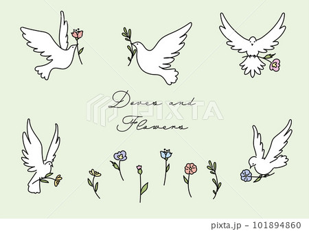 かわいい花を届けに羽ばたく白い鳩のシンプルなベクター線イラスト 101894860