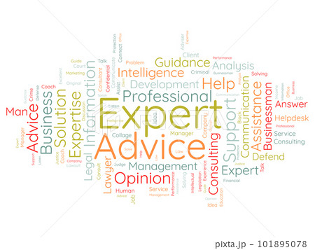 Word cloud background concept for Expert advice. Service support help with expert opinion guidance. vector illustration. 101895078