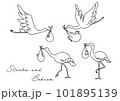 おくるみに入った赤ちゃんを運ぶコウノトリのベクター線イラスト 101895139