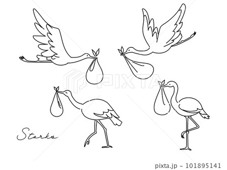 おくるみに入った赤ちゃんを運ぶコウノトリのベクター線イラスト 101895141