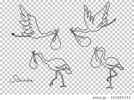 おくるみに入った赤ちゃんを運ぶコウノトリのベクター線イラスト 101895141