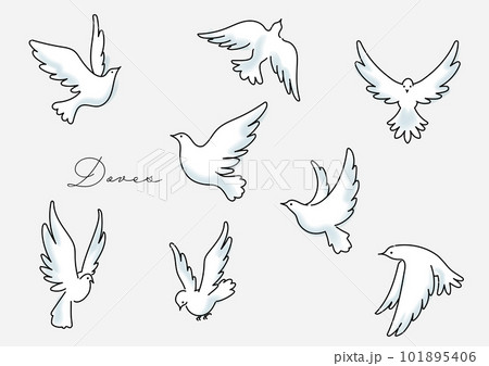 躍動的に羽ばたく白い鳩のシンプルな水彩テクスチャーイラストセット 101895406