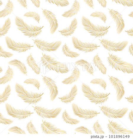 Seamless pattern with delicate golden feathers on a white background. Background, textile, vector 101896149
