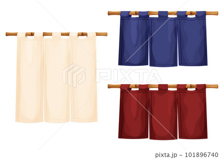 Traditional japan curtain on bamboo stick in cartoon style isolated on white background. Customer entrance cloth decoration 101896740