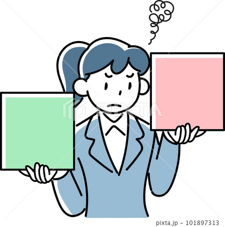 二者を比較検討する困り顔のビジネスウーマンの上半身 101897313