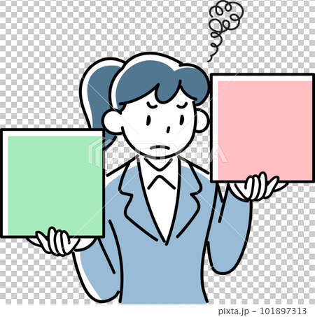 二者を比較検討する困り顔のビジネスウーマンの上半身 101897313